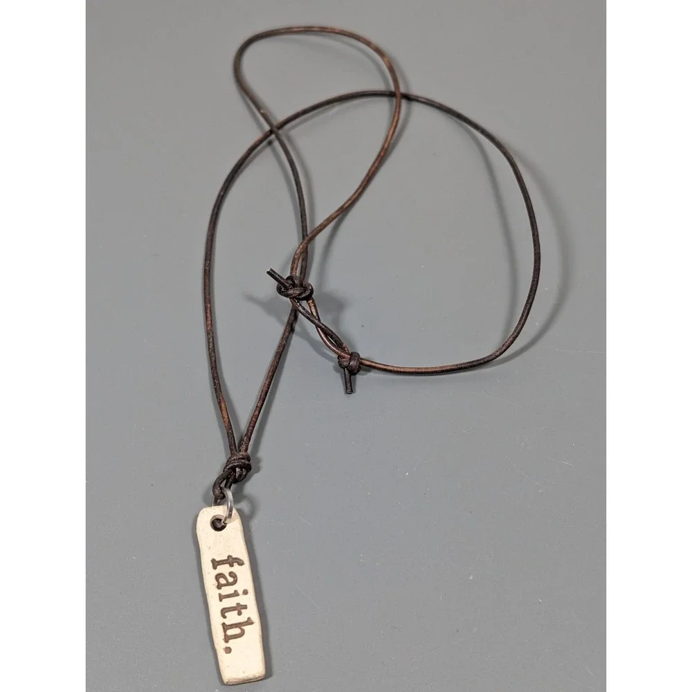 MudLove Inspirational Faith Ceramic‎ Bar Pendant Brown Adjustable Cord Necklace